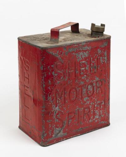 SHELL TIN: A vintage impressed Shell 1 gallon running board tin with original cast cap, 31cm high, 25cm wide, 15cm deep