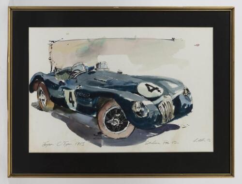 JAGUAR: An original watercolour featuring John Blanden's Jaguar C-Type at Sandown Park, Feb 92, signed by artist 'Greg Allen 82' lower right, mounted, framed and glazed, 36.5cm high x 54cm wide