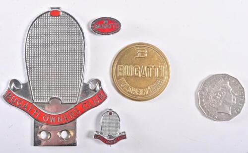 BUGATTI: A collection of Bugatti badges and pins, including a Bugatti Owners Clubs grille badge, the largest 19cm high