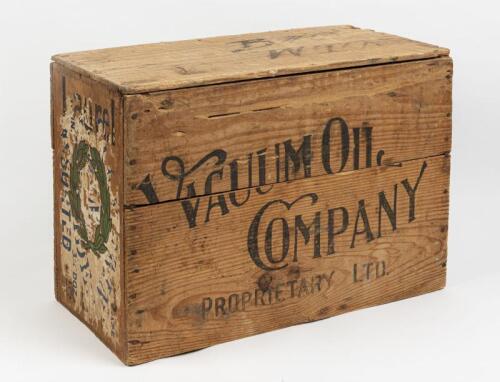 VACUUM OIL COMPANY: A vintage Vacuum Oil Company pine kerosene box, 37cm high, 52cm wide, 26cm deep