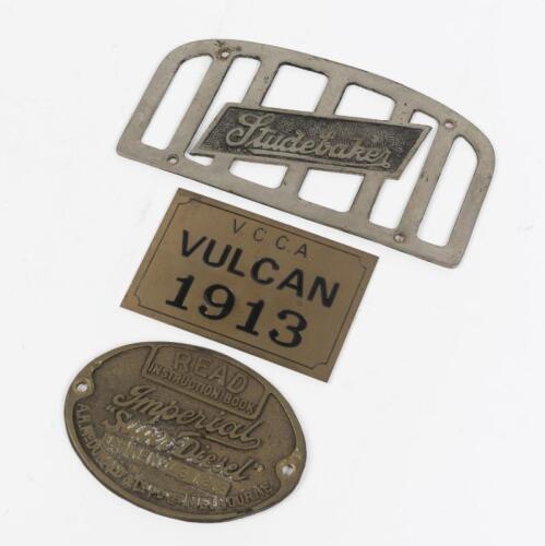 METAL PLATES: A collection of three metal plates, including a builders plate from an Imperial "Super Diesel", the largest 13 x 26cm