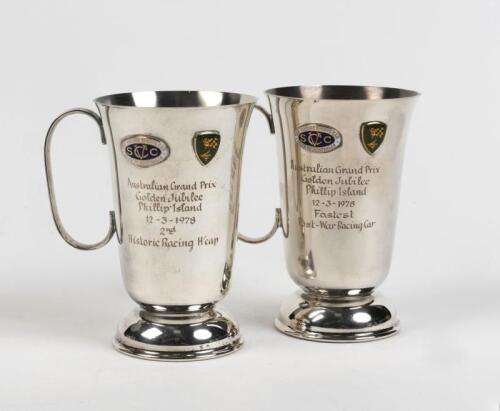 AUSTRALIAN GRAND PRIX: Two silver plate trophies from the Australian Grand Prix at Phillip Island 1978, given for fastest post-war racing car and 2nd place in the historic racing handicap, each 12cm high