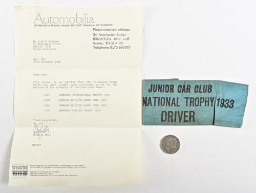 LORD HOWE: A drivers armband from the "Junior Car Club, International Trophy 1933" from the Lord Howe collection, with letter of provenance
