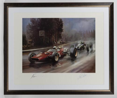 MONACO: A vibrant limited edition print of 850 titled "My Favorite Race" after Dion Pears featuring John Surtees in the Ferrari at the Belgian Grand Prix at Spa 1966 "My Favorite Race" signed by artist and John Surtees, 59.5cm high x 75cm wide
