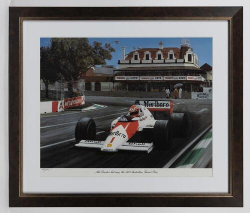 NIKI LAUDA: A limited edition (68/1000) print after Eric Irvine commemorating "Niki Lauda's last race, the 1985 Australian Grand Prix" Adelaide, image 38cm x 47cm wide visible