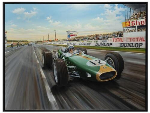 BRABHAM: An large impressive original oil painting by Randall Wilson featuring Sir Jack Brabham AO, OBE, winning the French Grand Prix at Reims on the 3rd July 1966, in his F1 Repco Brabham BT19, canvas size 92cm high x 122cm wide