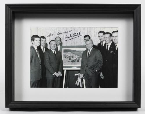 BRABHAM: A signed publicity photograph with the Brabham team in circa 1966, signed by Sir Jack and Ron Tauranac in black ink, mounted and box framed.