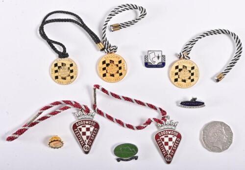 GOODWOOD/SANDOWN: A collection of membership and event badges, including two VIP badges from Goodwood Festival of Speed 1996 and membership badges from the Sandown Club