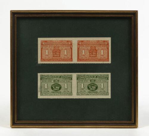FUEL RATION TICKETS: Four framed 1 Gallon Motor Spirit Ration Tickets, two from 1946 and two from 1947