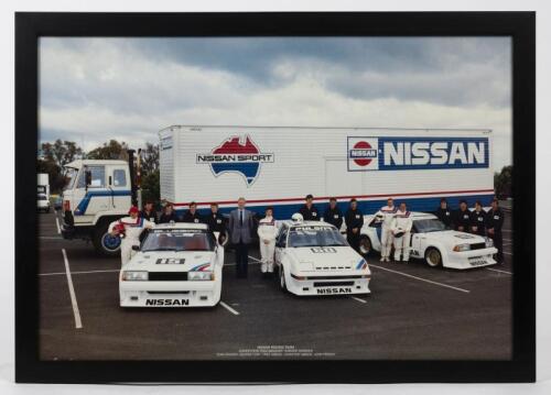 GIBSON NISSAN: An original factory publicity poster featuring the 1980s team of George Fury, Fred Gibson, Christine Gibson and John French