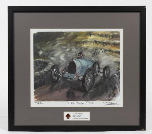 BUGATTI: A limited edition (22/250) print of a Bugatti T35 Targa Florio with window mount "To John Blanden, Grand Prix 2001, Many thanks Australian Bugatti Register"