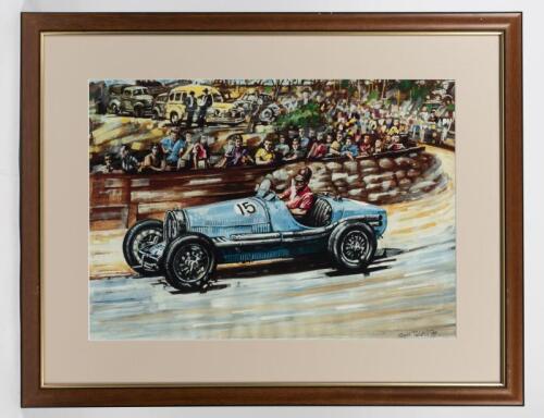 BUGATTI: A print after the work of Roger Roberts of a racing Bugatti