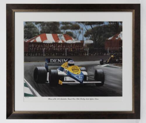 KEKE ROSBERG: A limited edition print (68/1000) after Eric Irvine celebrating the "Winner of the 1985 AGP, Keke Rosberg, leads Ayrton Senna" Adelaide