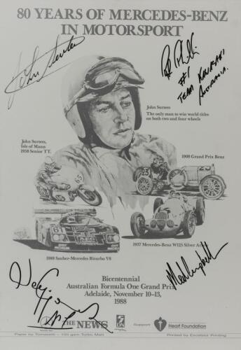 MERCEDES BENZ: A Mercedes Benz commemorative poster from Adelaide F1 Grand Prix - signed by John Surtees, Wayne Gardner, Robbie Phillis and Malcolm Campbell, mounted on board, 63cm high x 43.5cm wide.