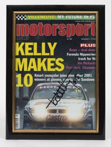 RICK KELLY / STEPHEN JOHNSON: Two framed front covers of Motorsport News signed by Rick Kelly and Stephen Johnson, framed and glazed, 33.5 x 25cm overall