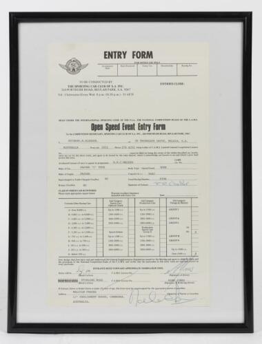 MOSS/JONES/FRASER/WALKER: An original SCCSA 'Open Speed Event Entry Form' for the Jaguar C-Type, signed by Entrant Rob Walker, Driver Stirling Moss, Relief driver Allan Jones and 2nd Relief Driver Malcolm Fraser, framed,