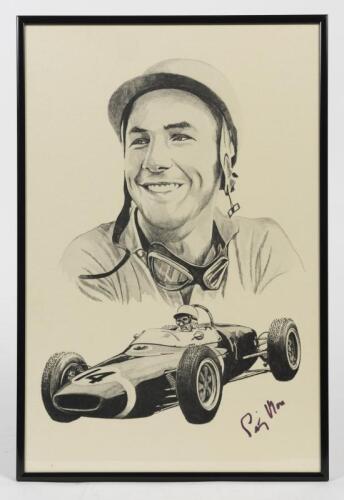 STIRLING MOSS: A printed depicting Stirling Moss and the Rob Walker prepared Lotus driven to victories in 1961 and 1962, signed in ink by Moss,