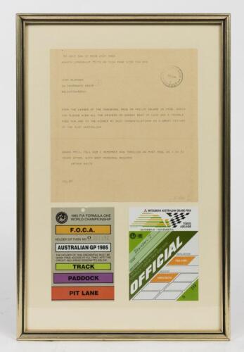 ARTHUR WAITE: An original telegram sent to John Blanden&nbsp;with best wishes for the race winner for the 31st AGP, framed together with John's 1985 race credentials.