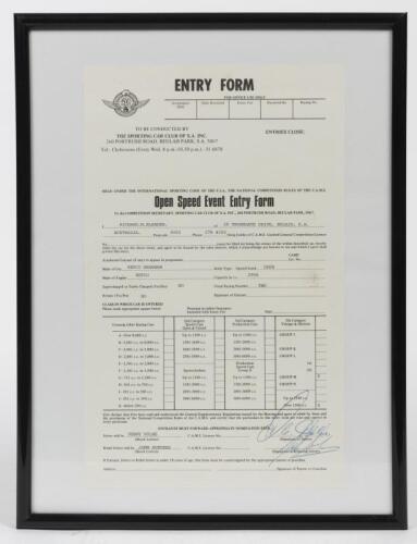 HULME/Surtees: An original SCCSA 'Open Speed Event Entry Form' for the Repco-Brabham 3-litre, signed Driver Denny Hulme and Relief driver John Surtees