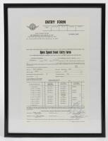 HULME/Surtees: An original SCCSA 'Open Speed Event Entry Form' for the Repco-Brabham 3-litre, signed Driver Denny Hulme and Relief driver John Surtees