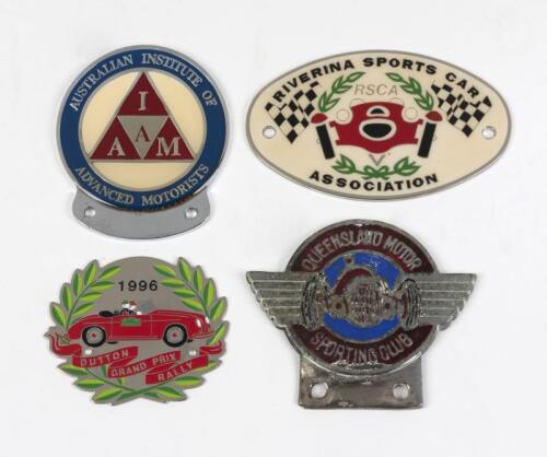 CAR GRILLE BADGES: A collection of Australian car grille badges, including an enamelled Queensland Motor Sporting Club badge, membership number 404, the widest 11.5cm wide