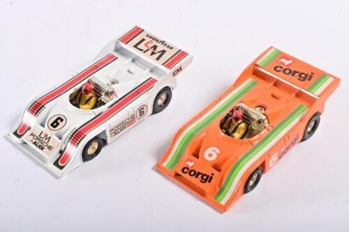 CAN AM: Two 1:36 scale 1970s Porsche+Audi 917/10K Can-Am racing car models by Corgi Toys