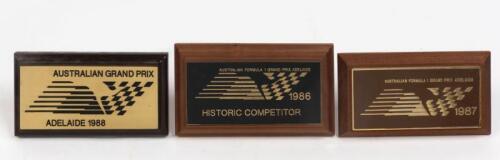 ADELAIDE GRAND PRIX: Three competitor plaques from the Adelaide Grand prix, the largest 9.5 x17.5cm