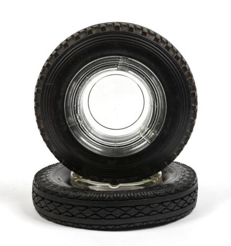 GOODYEAR/INDIAN SAFARI: Two promotional tyre form ashtrays with glass insert, one Goodyear and one Indian Safari, 15cm and 14 cm diameter respectively