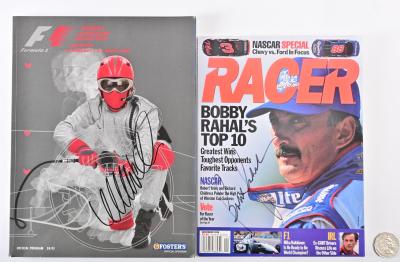 MARK WEBBER / BOBBY RAHAL: Mark Webber's signature on an official program from the 2002 Australian Grand Prix and Bobby Rahal's signature on a Racer Magazine