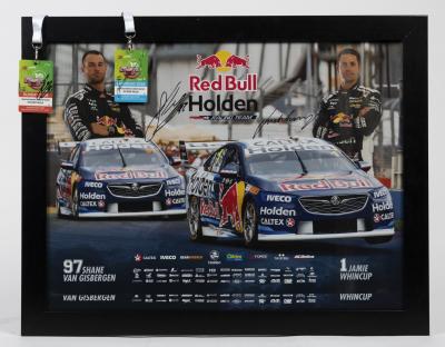 HOLDEN: A 2018 Red Bull Holden Race Team poster featuring Jamie Whincup and Shane Van Gisbergen, signed by each plus signed race passes and lanyards from the Townsville 400, 41cm high, 59cm wide