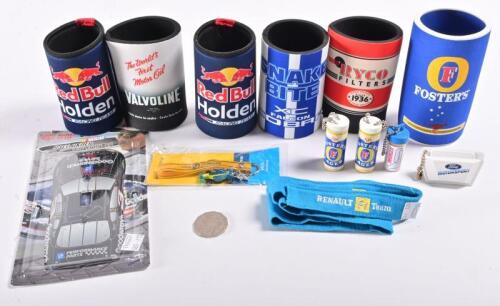 RACING MEMORABILIA: A collection of racing memorabilia, including stubby holders, ear plugs etc.