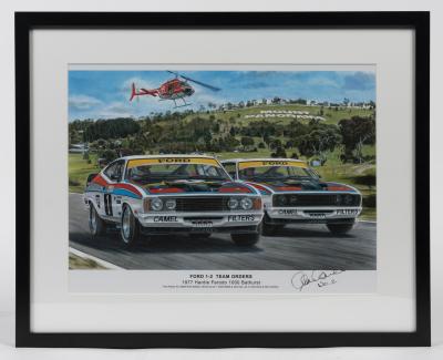 HAMILTON: A print depicting the 1-2 Ford Falcon XC's of the Moffat Ford Dealers team in 1977, signed by Hamilton being the driver of the #2 car with Colin Bond