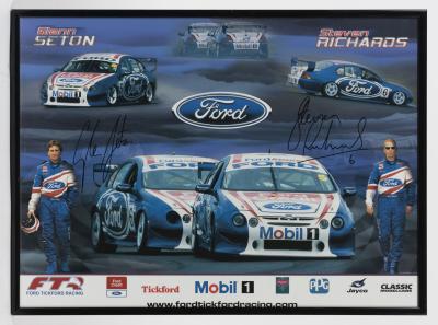 SEATON/RICHARDS: A posters featuring the Tickford Fords signed by drivers Glenn Seaton and Steven Richards, framed, image 29cm high, 40cm wide.