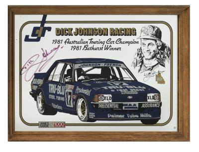 FORD: A circa 1981 signed framed mirror commemorating Dick Johnson Racing winning the Bathurst, 34cm high, 49cm wide