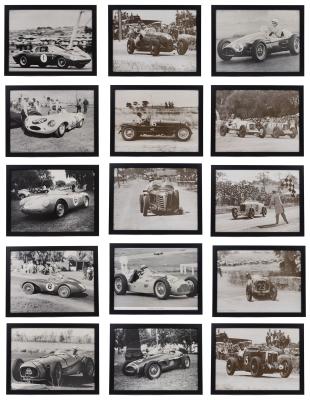 AUSTRALIAN MOTORSPORT: Fifteen photographic prints featuring Australian historic motor racing scenes in b/w and sepia, each framed, 28.5cm high x 38.5cm