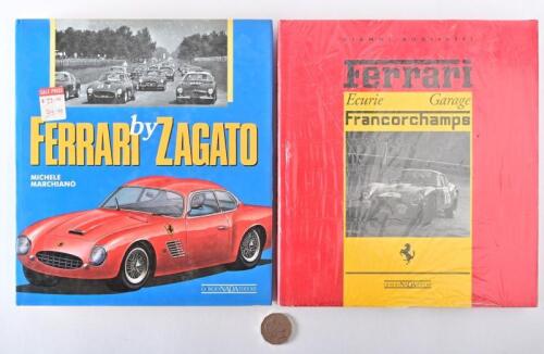 FERRARI: Two hardcover books relating to Ferrari, including "Ferrari Ecurie Garage Francorchamps" by Gianni Rogliatti still wrapped in original plastic covering