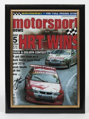 MARK SKAIFE / RUSSELL INGALL: Two framed front covers of Motorsport News signed by Mark Skaife and Russell Ingall, framed and glazed, 33.5 x 25cm overall