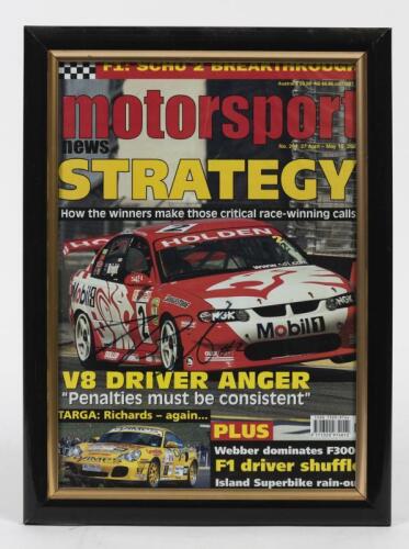 JASON BARGWANNA / JASON BRIGHT: Two framed front covers of Motorsport News signed by Jason Bargwanna and Jason Bright, framed and glazed, 33.5 x 25cm overall