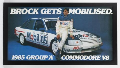 BROCK: An original poster featuring "Brock Gets Mobilised, 1985 Group A Commodore V8", framed