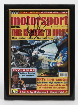 MARK LARKHAM / PAUL MORRIS: Two framed front covers of Motorsport News signed by J Mark Larkham and Paul Morris, framed and glazed, 33.5 x 25cm overall