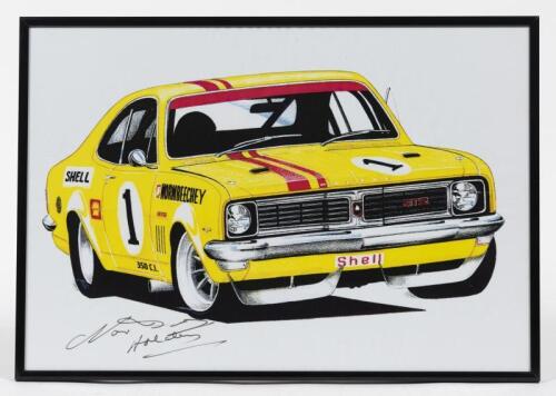 BEECHEY: A signed print of Norm Beechey's GTS Monaro in Shell livery signed by Norm is black ink, framed