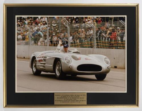 FANGIO: A large original photograph of Fangio in a Mercedes-Benz 300 SLR at the 1986 Australian Grand Prix in Adelaide