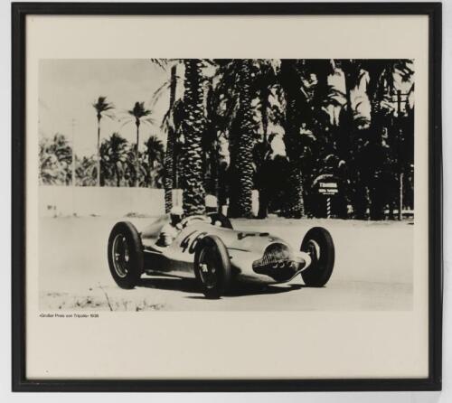 FANGIO/LANG: Two prints of a b/w photograph of a Silver Arrows from Reims 1954 (Fangio #18 race winner) signed by Fangio, and Tripoli 1938 (Herman Lang #46 race winner).