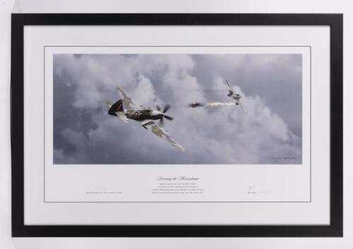 TONY GAZE: A limited edition print titled "Downing the Messerschmitt", signed by Squadron Leader F.A.O. Tony Gaze, DFC**, framed