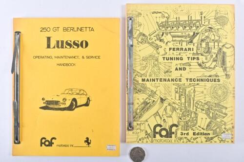 FERRARI: A "Ferrari 250 GT Berlinetta Lusso Operating, Maintenance and Service Handbook" and Ferrari Tuning Tips and Maintenance Techniques", metal clip bindings
