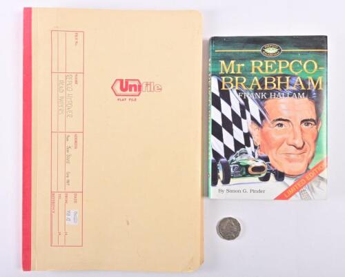 REPCO: A signed hardcover book "Mr Repco-Brabham Frank Hallam" by Simon G Pinder, signed by the author, together with a Manilla Folder with facsimile papers for the Repco Highpower Crossflow Cylinder Head