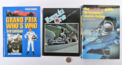 GRAND PRIX: Three hardback books relating Formula one history, including "Grand Prix, Who's Who" by Steve Small