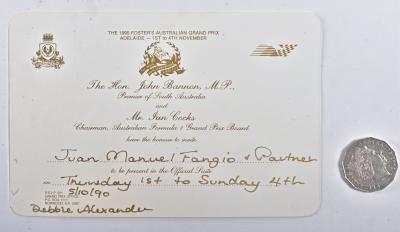 FANGIO: A invitation to Juan Manuel Fangio to attend the Official Suite at the 1990 Australian Grand Prix in Adelaide from the then premier of South Australia Hon. John Bannon, MP