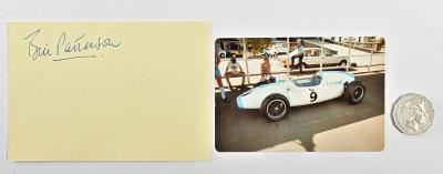 BILL PATTERSON: A signed card by Bill Patterson together with an original photo of his Cooper-Climax T51 at the 78 Sandown meeting