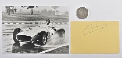 JUAN MANUEL FANGIO: A signed card by Fangio together with a photo of him in his Mercedes W196 Preparing for the non-championship Grand Prix in Buenos Aires in 1954